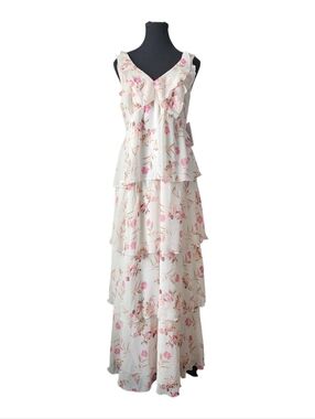 Floral Ruffle Tiered Maxi Dress - White with Pink Floral